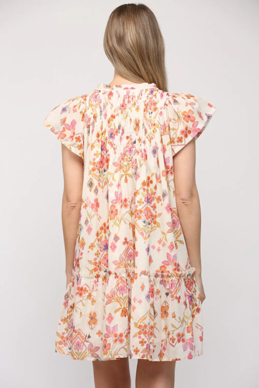Apricot Floral Geometric Ruffled Flutter Sleeve Mini Dress Women UK