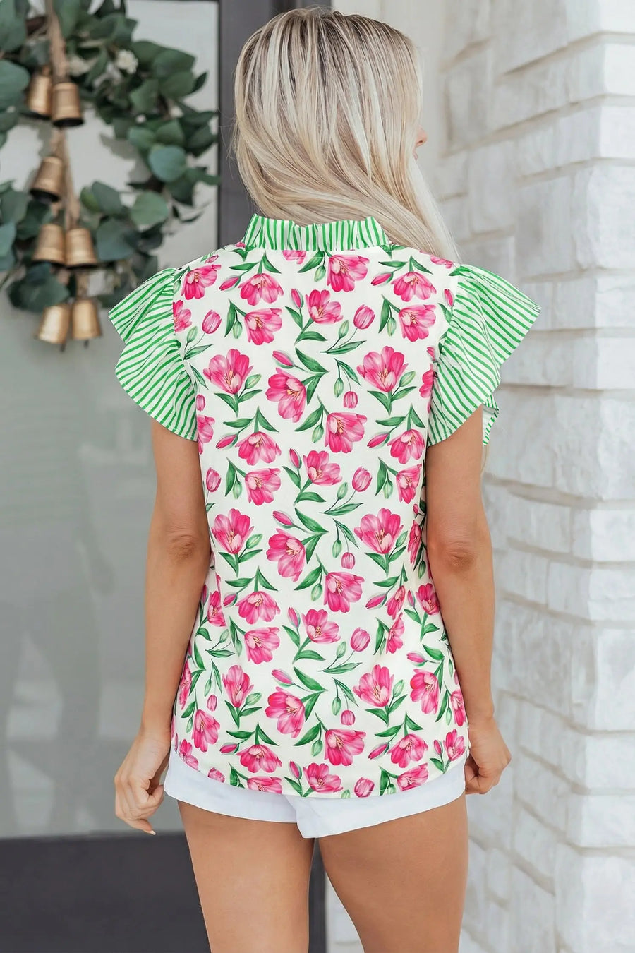 Back view of Multicolour Floral Striped Ruffle Trim V-Neck Blouse showing short sleeve and relaxed silhouette — Fashionfitz