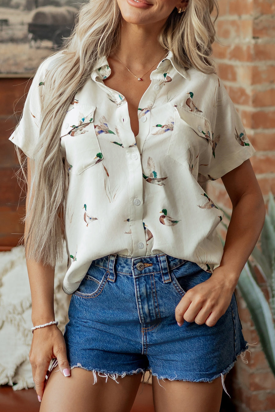 White Mallard Print Button Pocket Short Sleeve Shirt