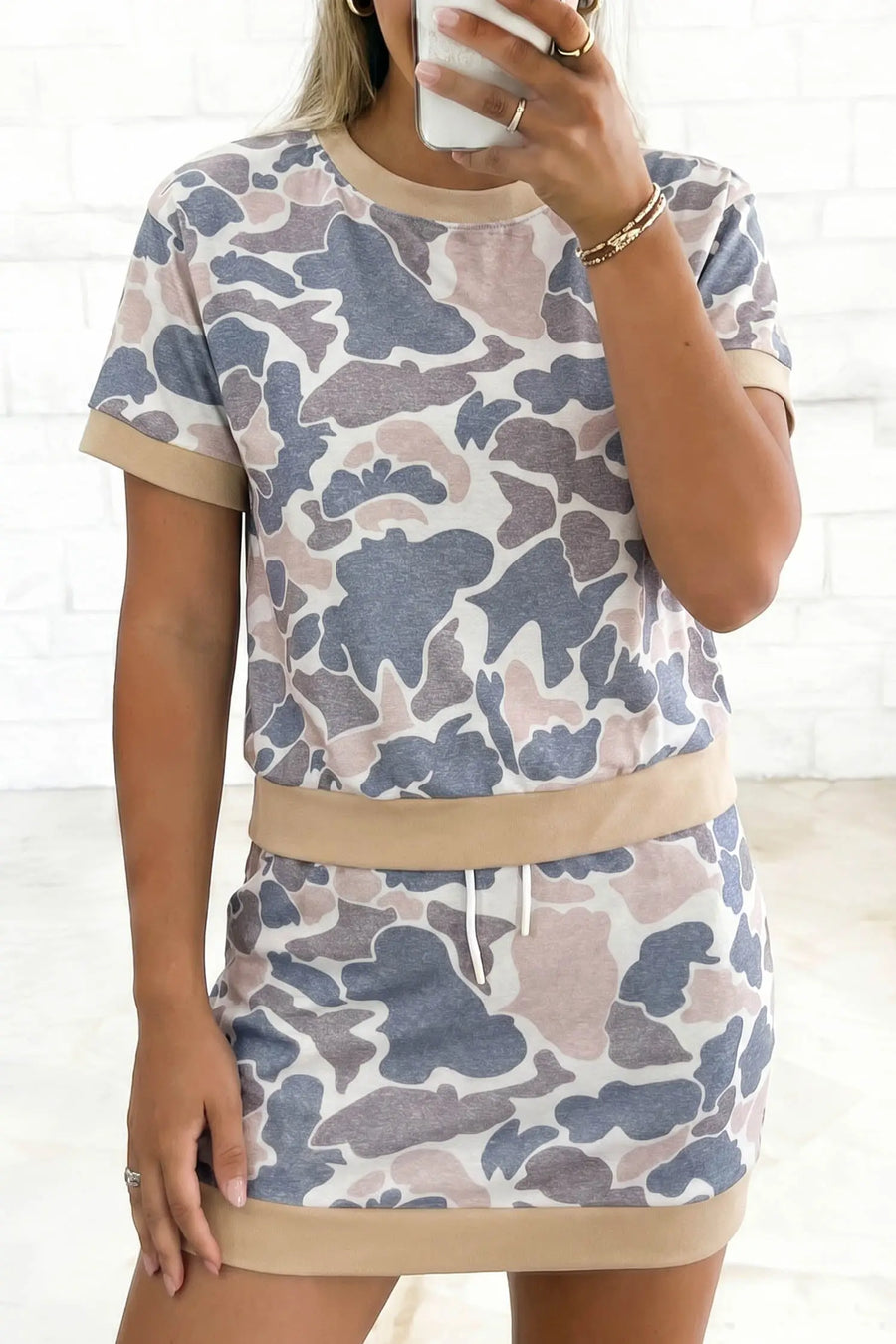 Camo skort 2-piece outfit — back view, built-in shorts detail