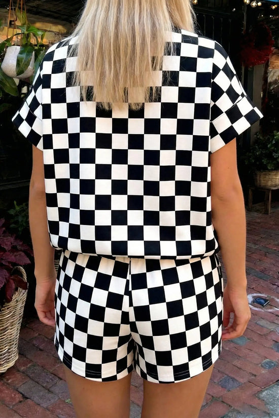 Checkered colour block trim mock neck short set outfit sets