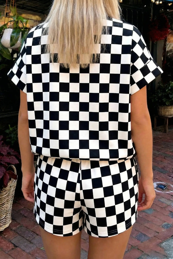 Checkered colour block trim mock neck short set outfit sets