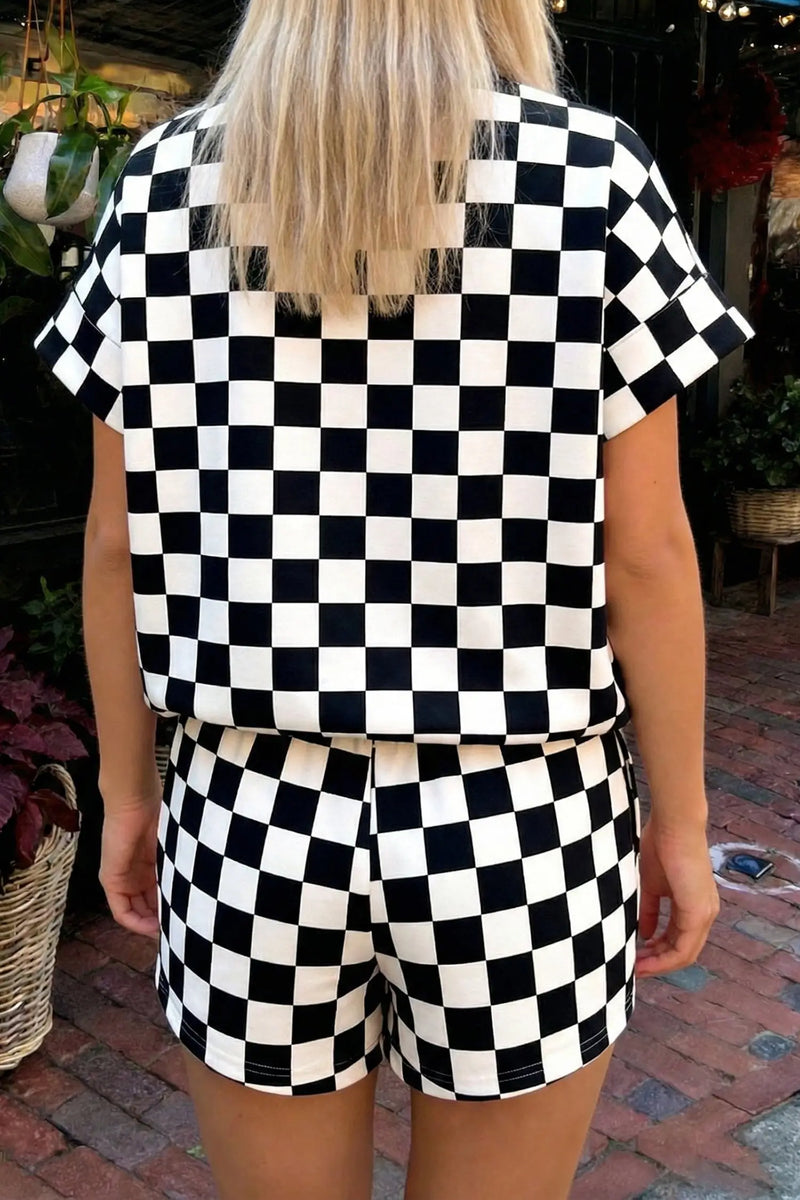 Checkered colour block trim mock neck short set outfit sets