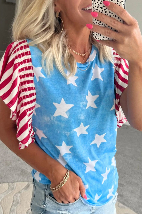 Sky blue vintage star print striped ruffle sleeve top blouses