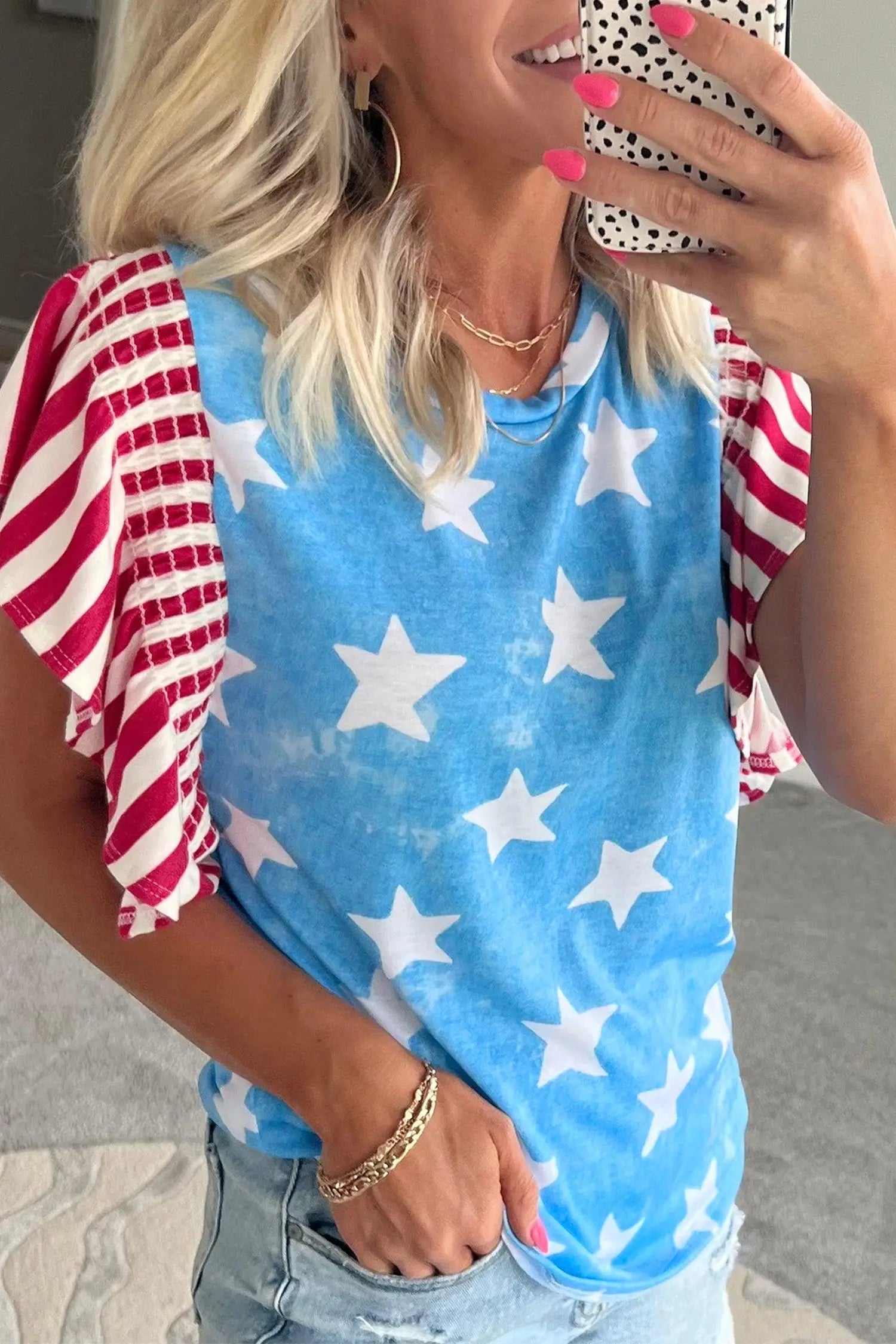 Sky blue vintage star print striped ruffle sleeve top blouses