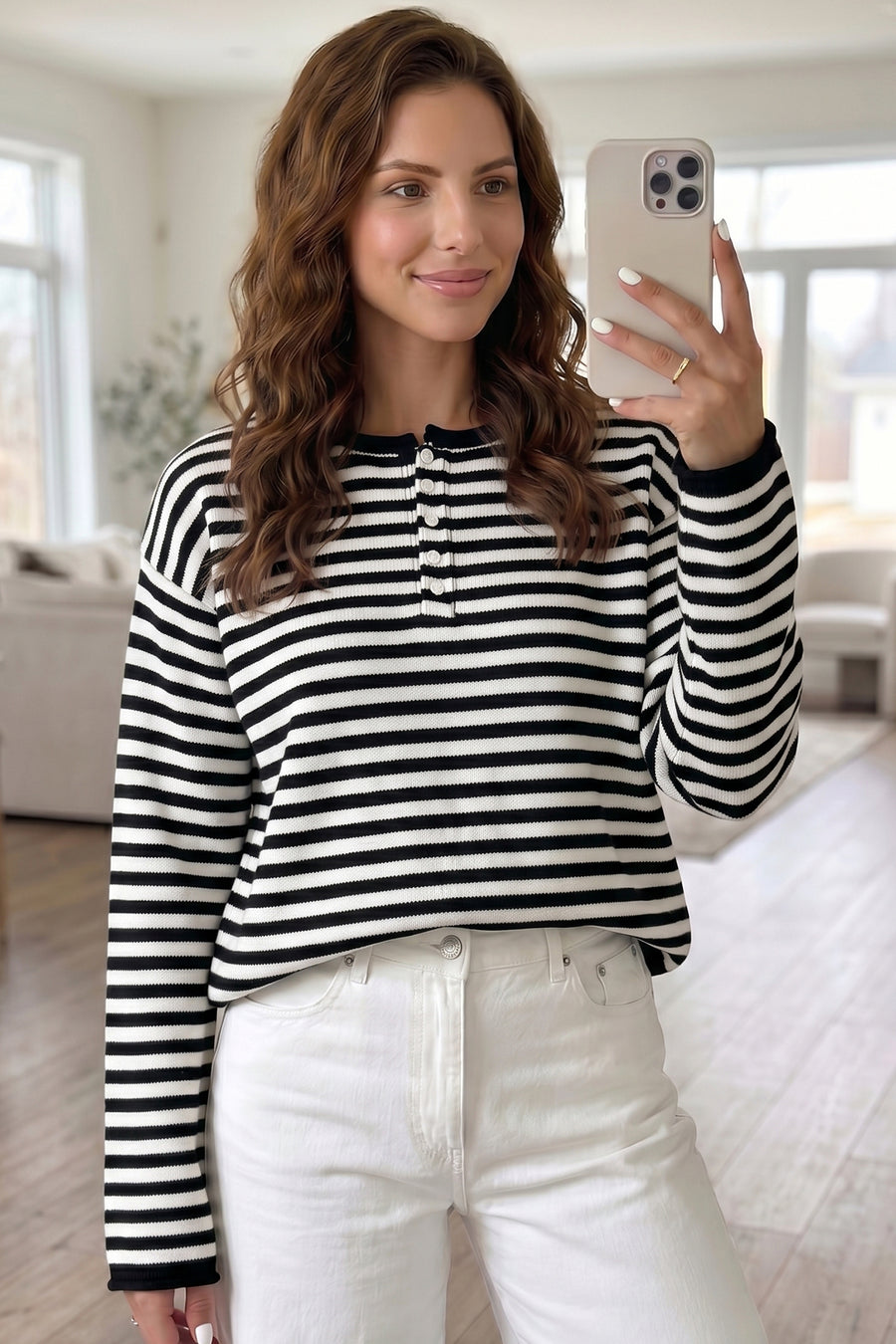 Stripe Drop Shoulder Button Placket Sweater