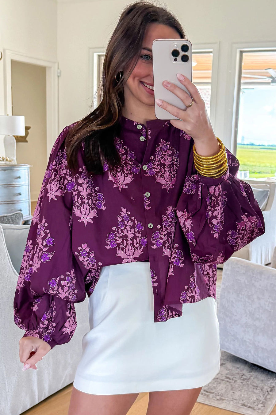 Floral Print Button-Up Long Puff Sleeve Loose Shirt — styled view showing shirt worn open as kimono layer — Fashionfitz