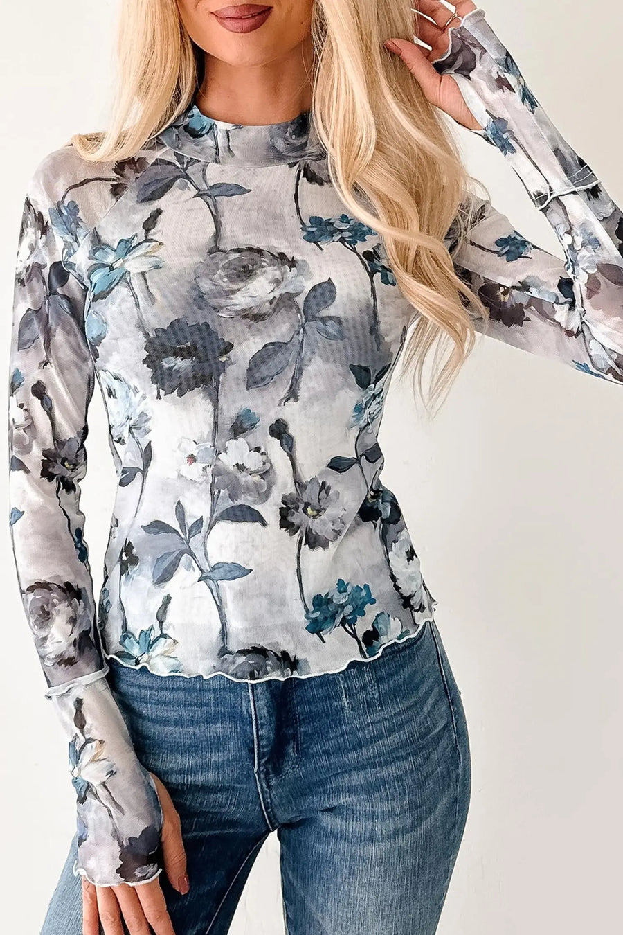 Sky Blue Floral Mesh High Neck Long Sleeve Sheath Top — fabric texture detail | Fashionfitz UK