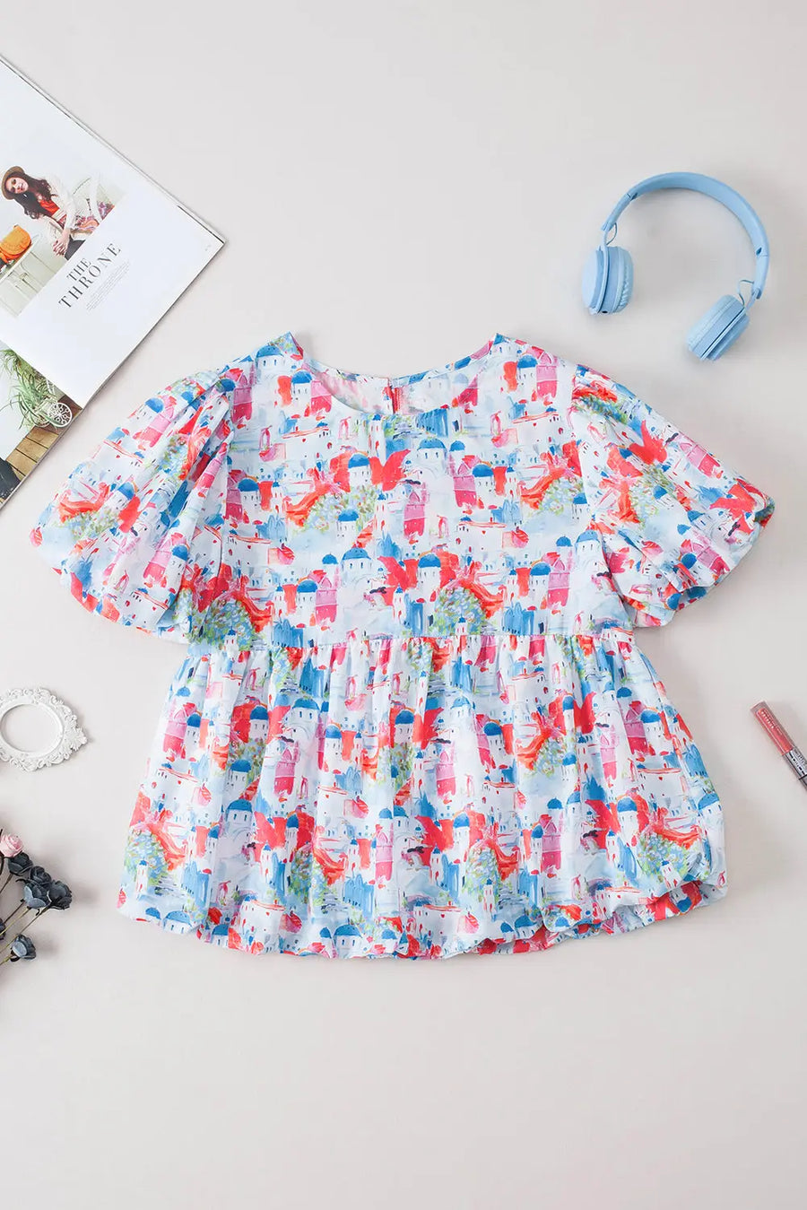 Sky blue parisian avenue babydoll top - women’s tunic blouse