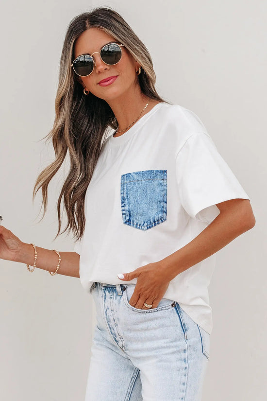 Colour block patch pocket short sleeve top round neck tunic relaxed fit tunics