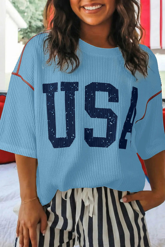 Usa graphic ribbed half sleeve loose top round neck tunic length tunics