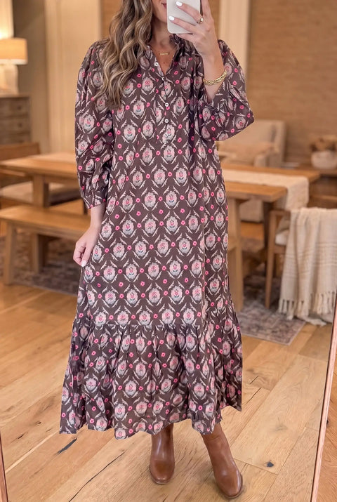 Brown Floral Print Button Front Ruffle Hem Midi Dress Women UK