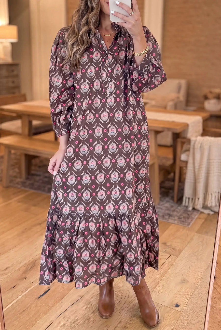 Brown Floral Print Button Front Ruffle Hem Midi Dress Women UK