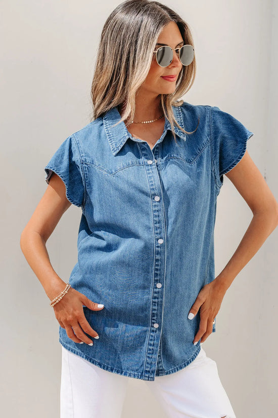 Dusk blue ruffled short sleeve denim shirt button down collar stitched yoke shirts