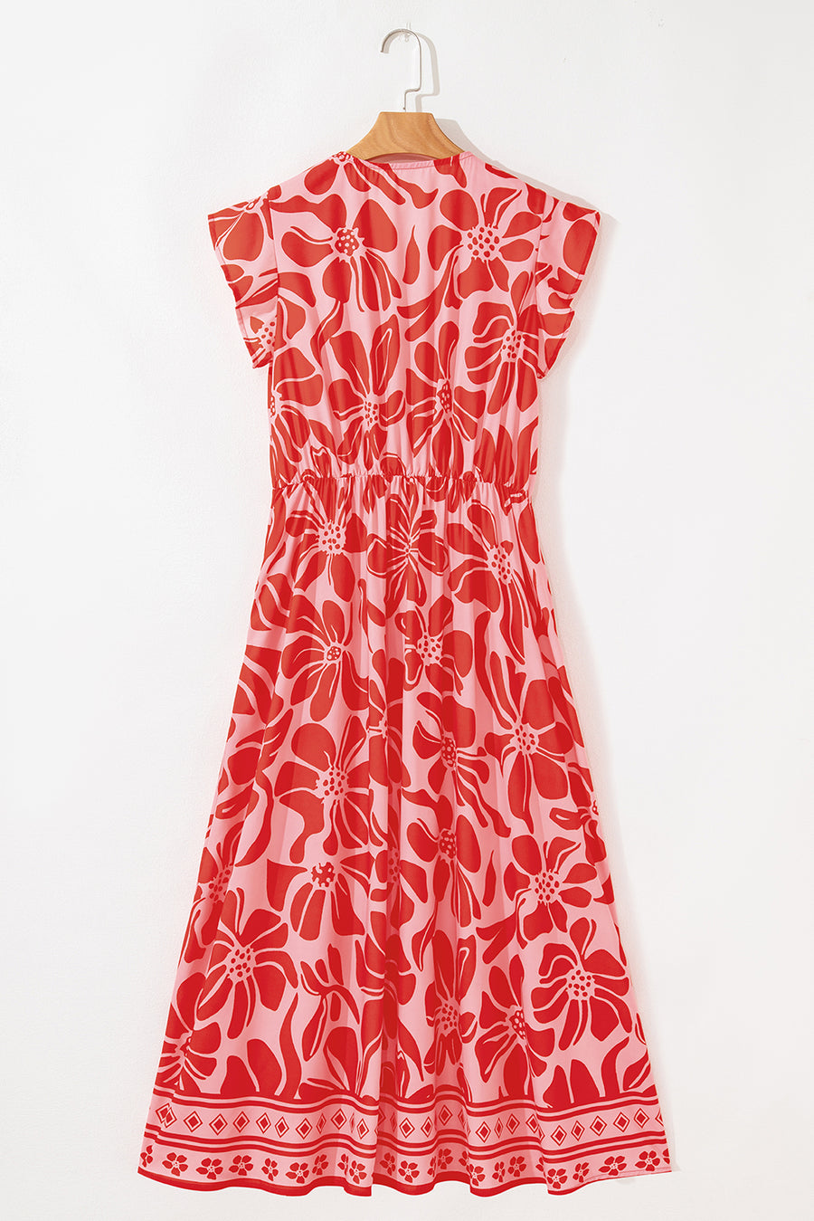 Red Boho Floral V Neck Shirred Waist Long Dress Women UK