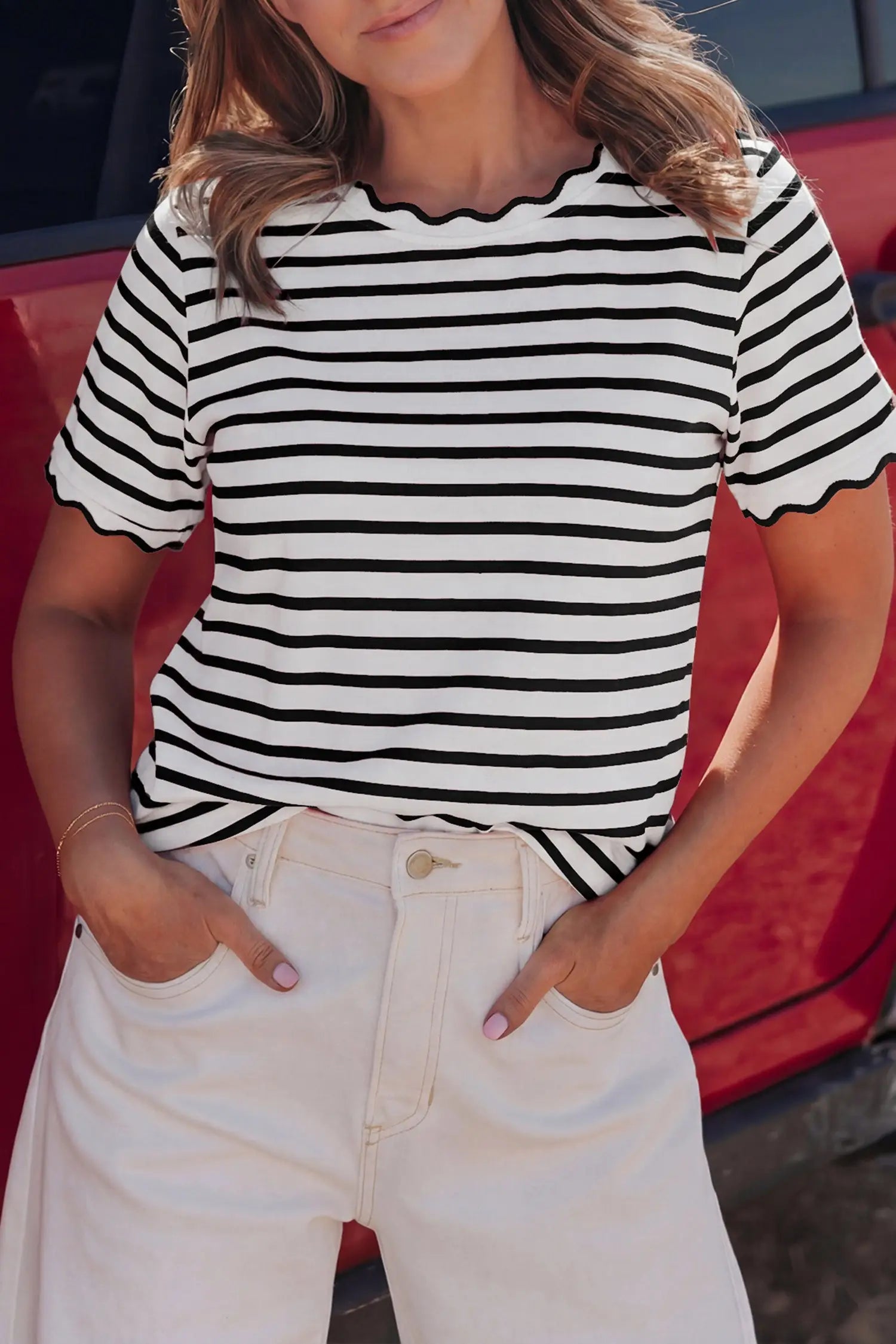 Scalloped trim stripe cotton t-shirt round neck short sleeve t-shirts