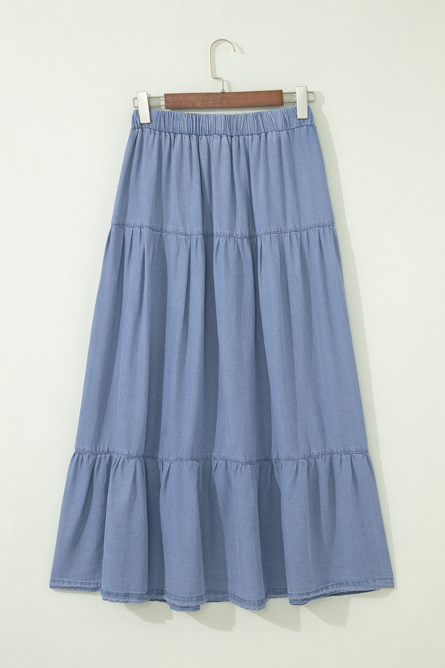 Elastic Waist Ruffled Tiered Maxi Skirt Lyocell Side Pockets Beau Blue