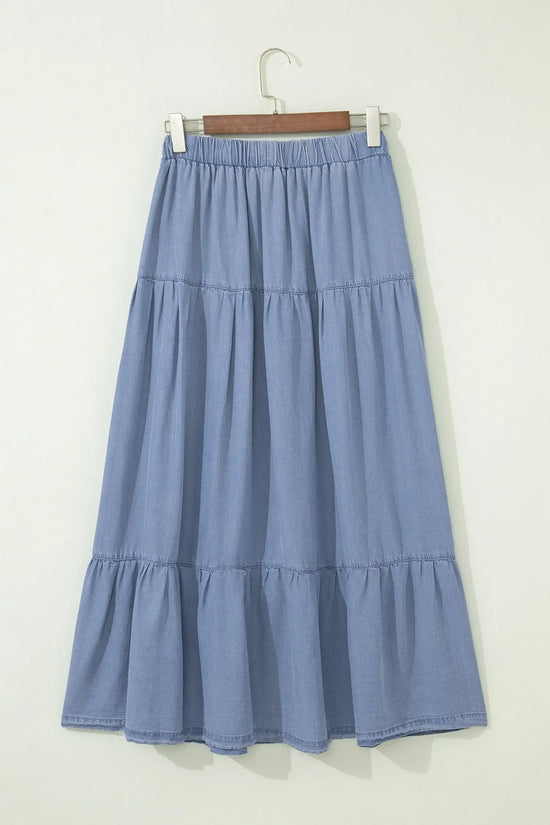 Elastic waist ruffled tiered maxi skirt lyocell side pockets beau blue skirts
