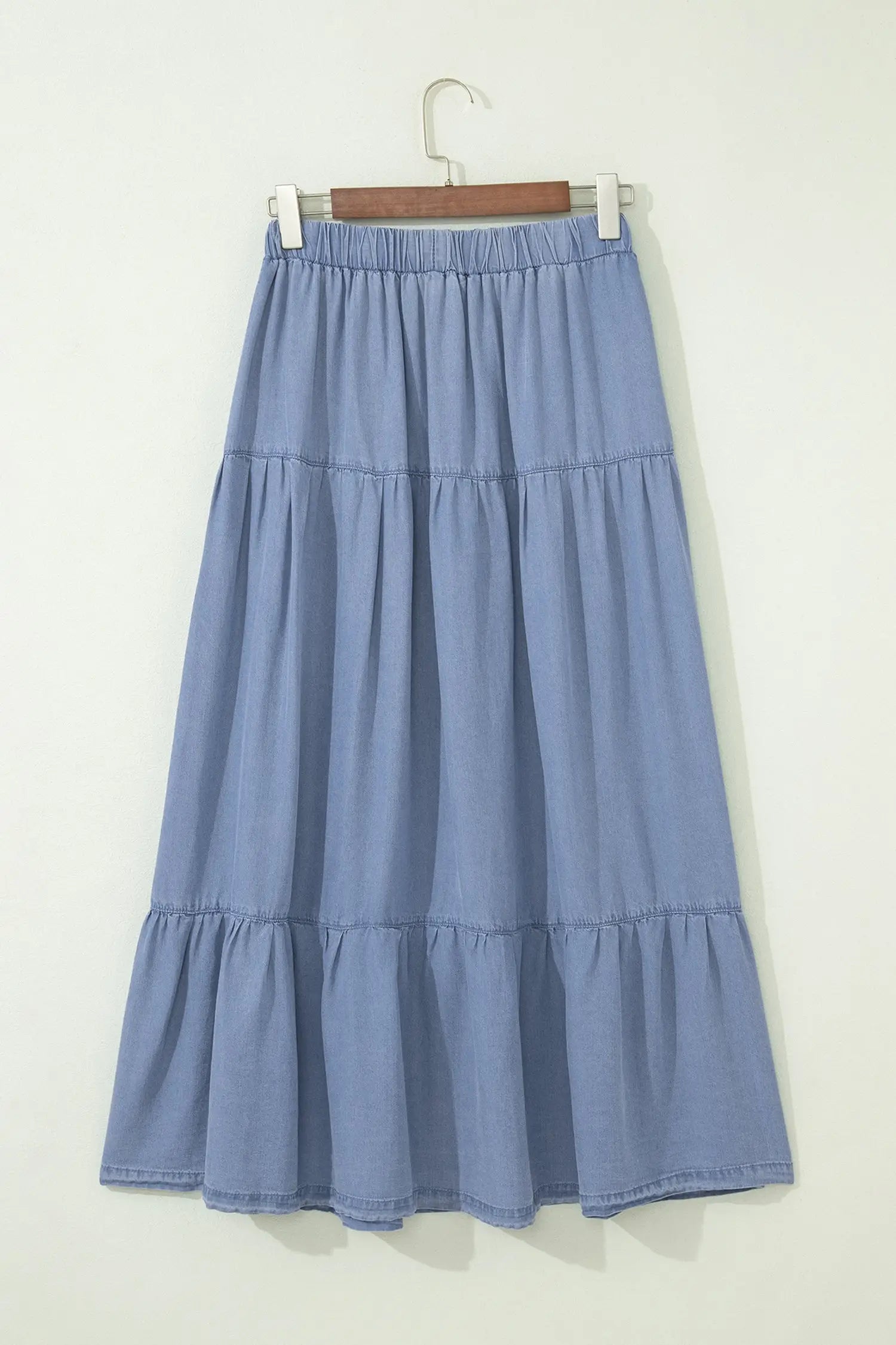Elastic waist ruffled tiered maxi skirt lyocell side pockets beau blue skirts
