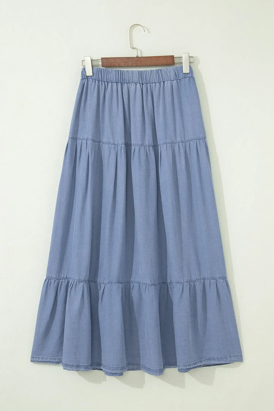 Elastic waist ruffled tiered maxi skirt lyocell side pockets beau blue skirts