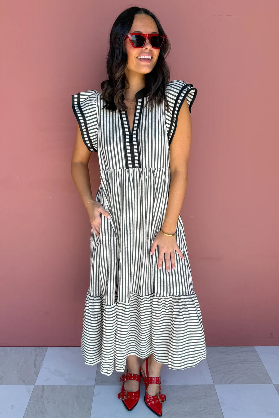 Stripe Slit V Neck Tiered Flutter Sleeve Plus Size Maxi Dress UK