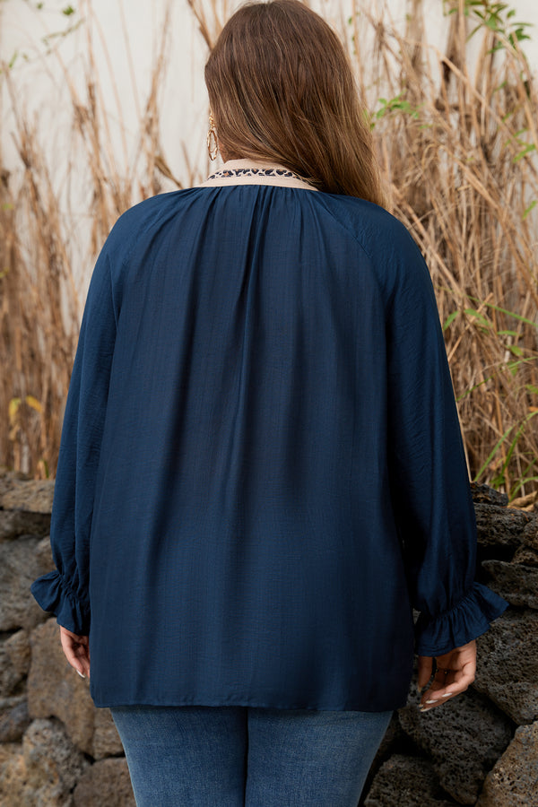 Back view of leopard patchwork collar plus size blouse with flounce sleeves