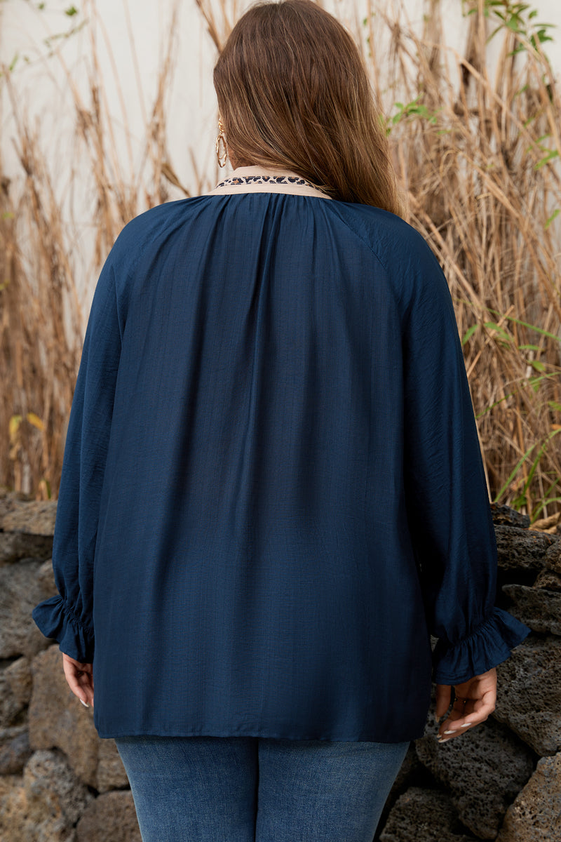 Back view of leopard patchwork collar plus size blouse with flounce sleeves
