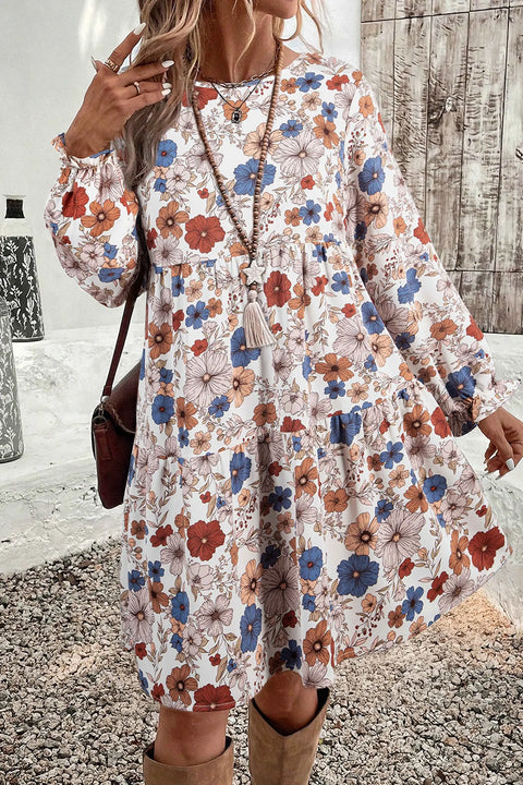 Khaki Tiered Floral Round Neck Ruffled Long Sleeve Dress Women UK — front view