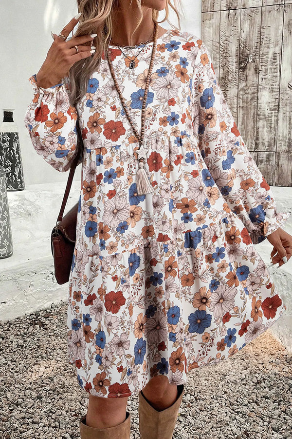 Khaki Tiered Floral Round Neck Ruffled Long Sleeve Dress Women UK — front view