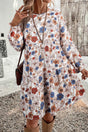 Khaki Tiered Floral Round Neck Ruffled Long Sleeve Dress Women UK — front view