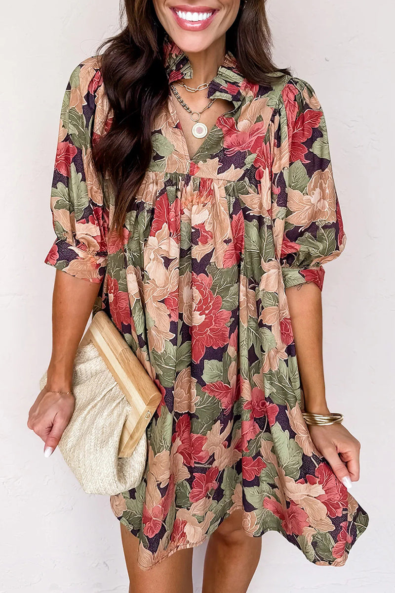 Green Floral Frilled Collar V Neck Half Sleeve Mini Dress Women UK — back view