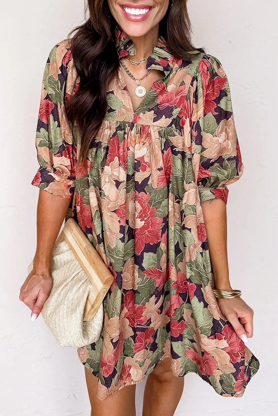 Green Floral Frilled Collar V Neck Half Sleeve Mini Dress Women UK — back view