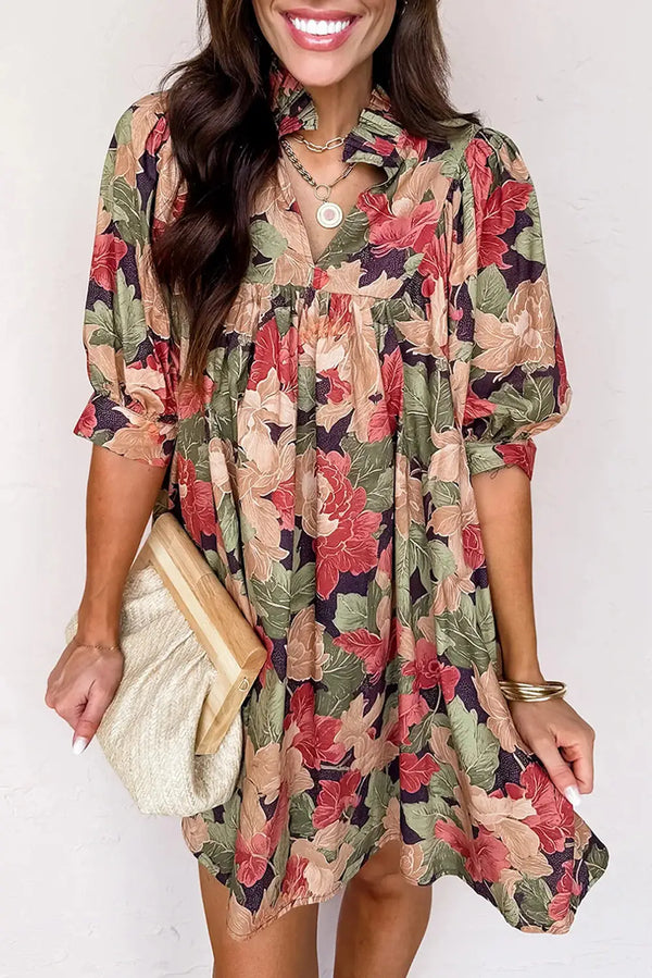 Green Floral Frilled Collar V Neck Half Sleeve Mini Dress Women UK — back view