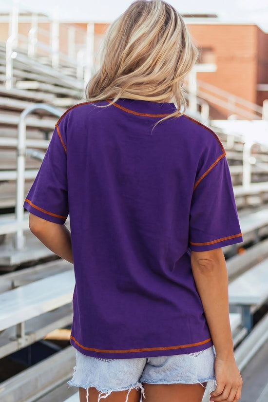 Reversible Contrast Stitch Drop Shoulder High Neck Short Sleeve Tee