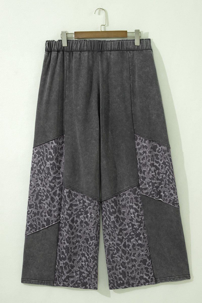 Plus Size Leopard Patchwork Mineral Wash Wide Leg Trousers
