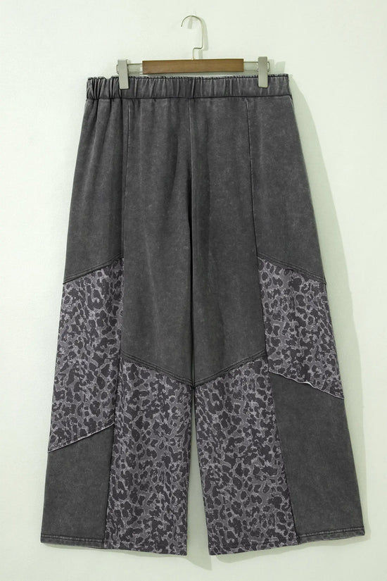 Plus Size Leopard Patchwork Mineral Wash Wide Leg Trousers