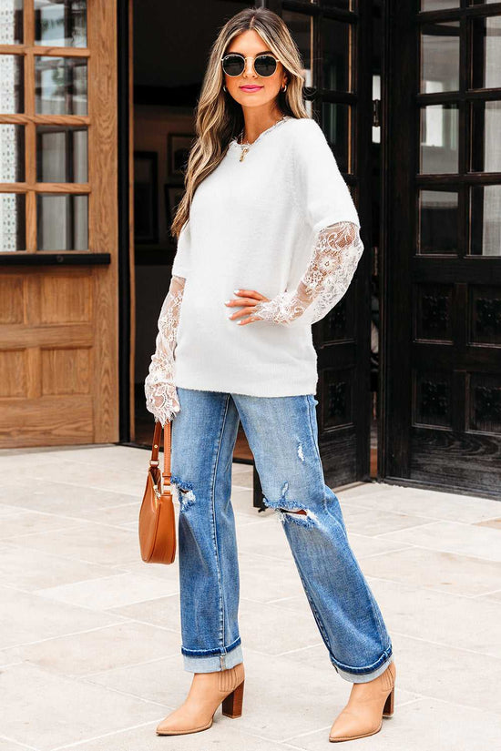 Lace Sleeve Fuzzy Sweater