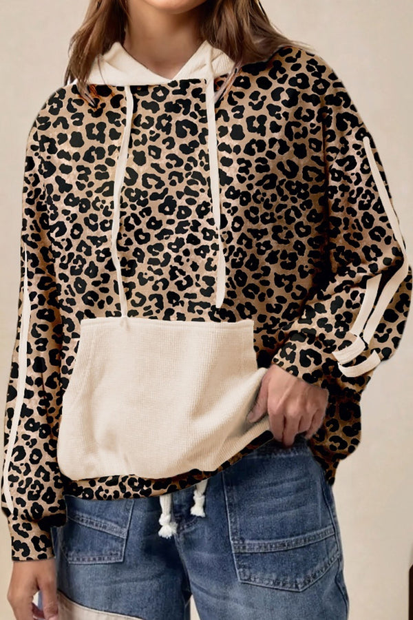 Leopard Print Waffle Knit Kangaroo Hoodie