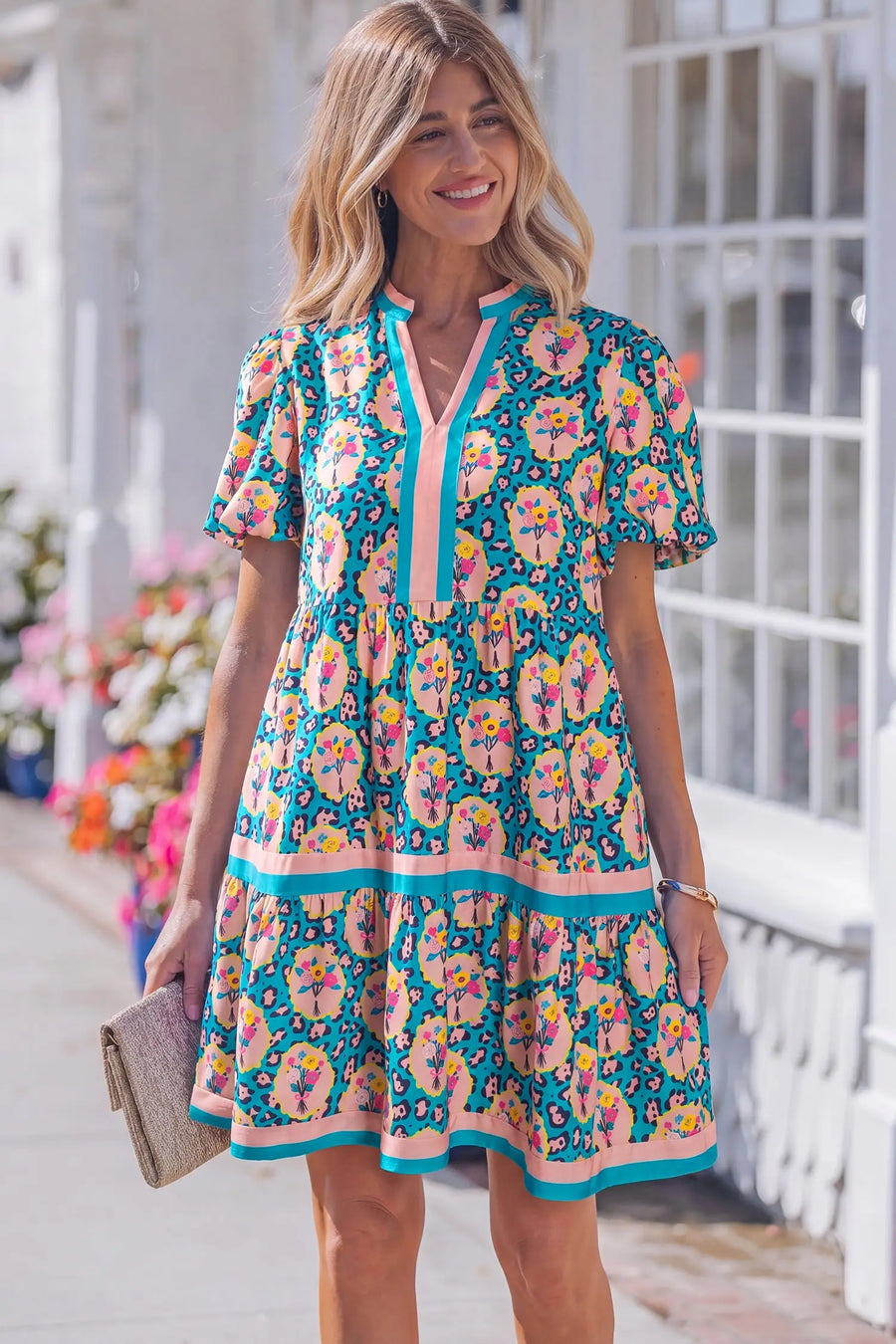Green Leopard Floral Print Short Sleeve Mini Dress Women UK