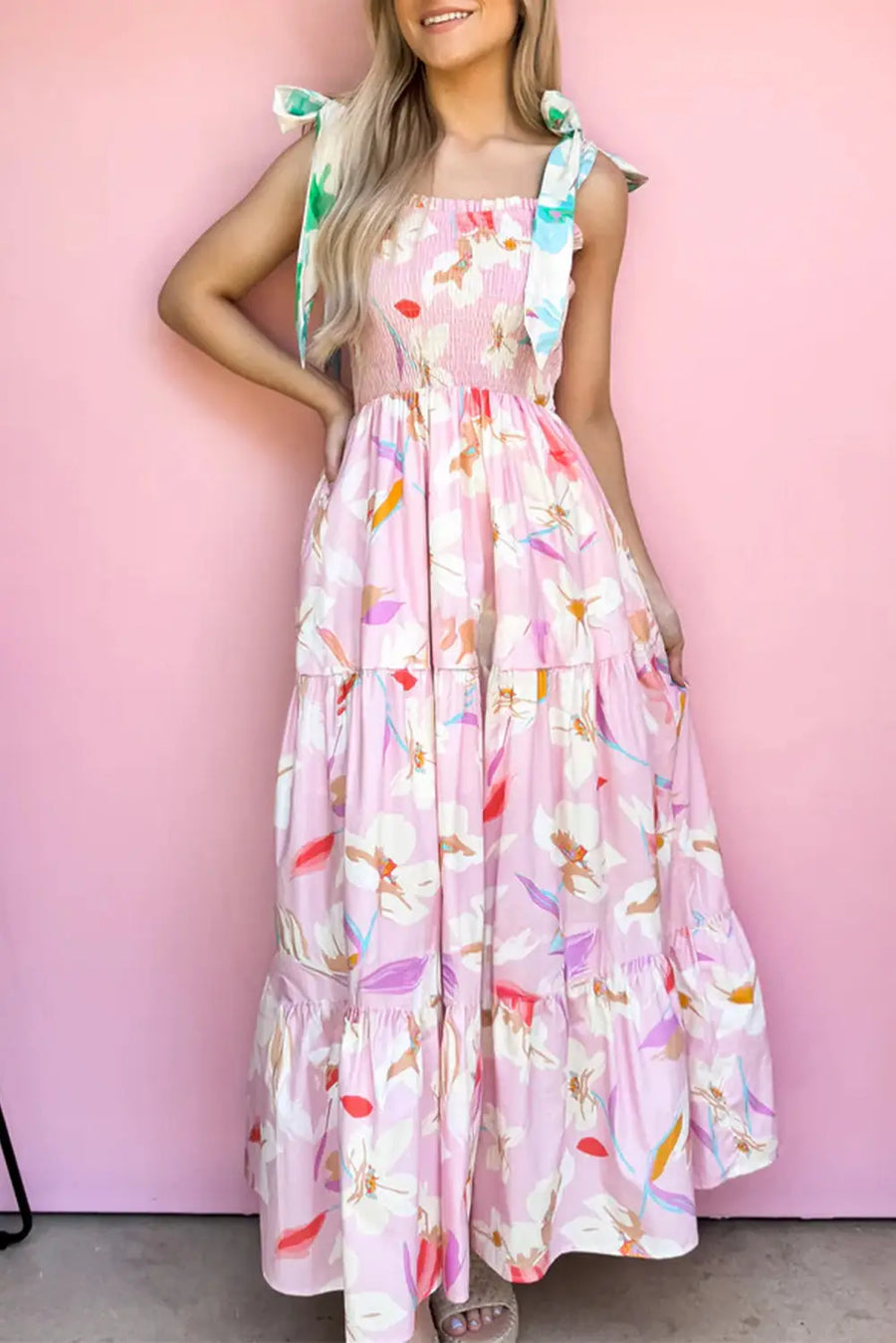 Pink Floral Knotted Shoulder Smocked Maxi Dress Women UK — close-up detail