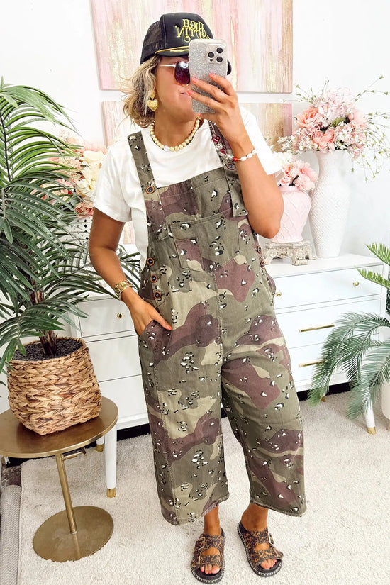 Close-up of camo and leopard print on green 100% cotton denim overall cropped jumpsuit, Fashionfitz UK