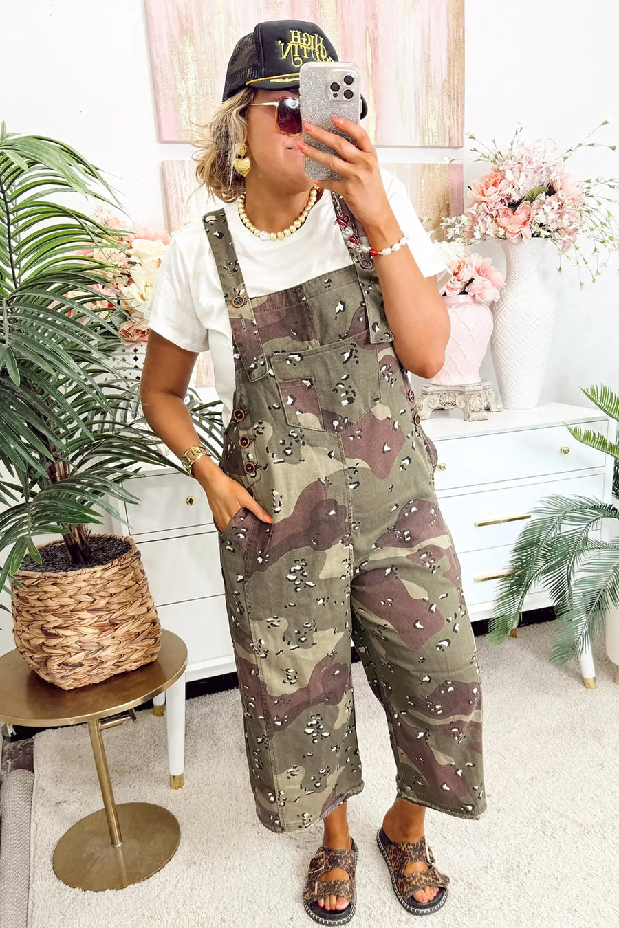 Close-up of camo and leopard print on green 100% cotton denim overall cropped jumpsuit, Fashionfitz UK