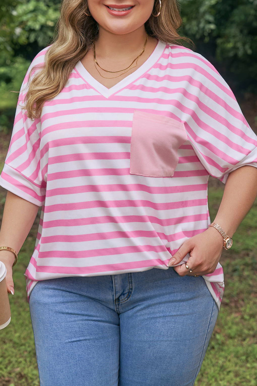 Plus Size Stripe Colourblock V-Neck Tee Patched Chest Pocket Short Sleeve