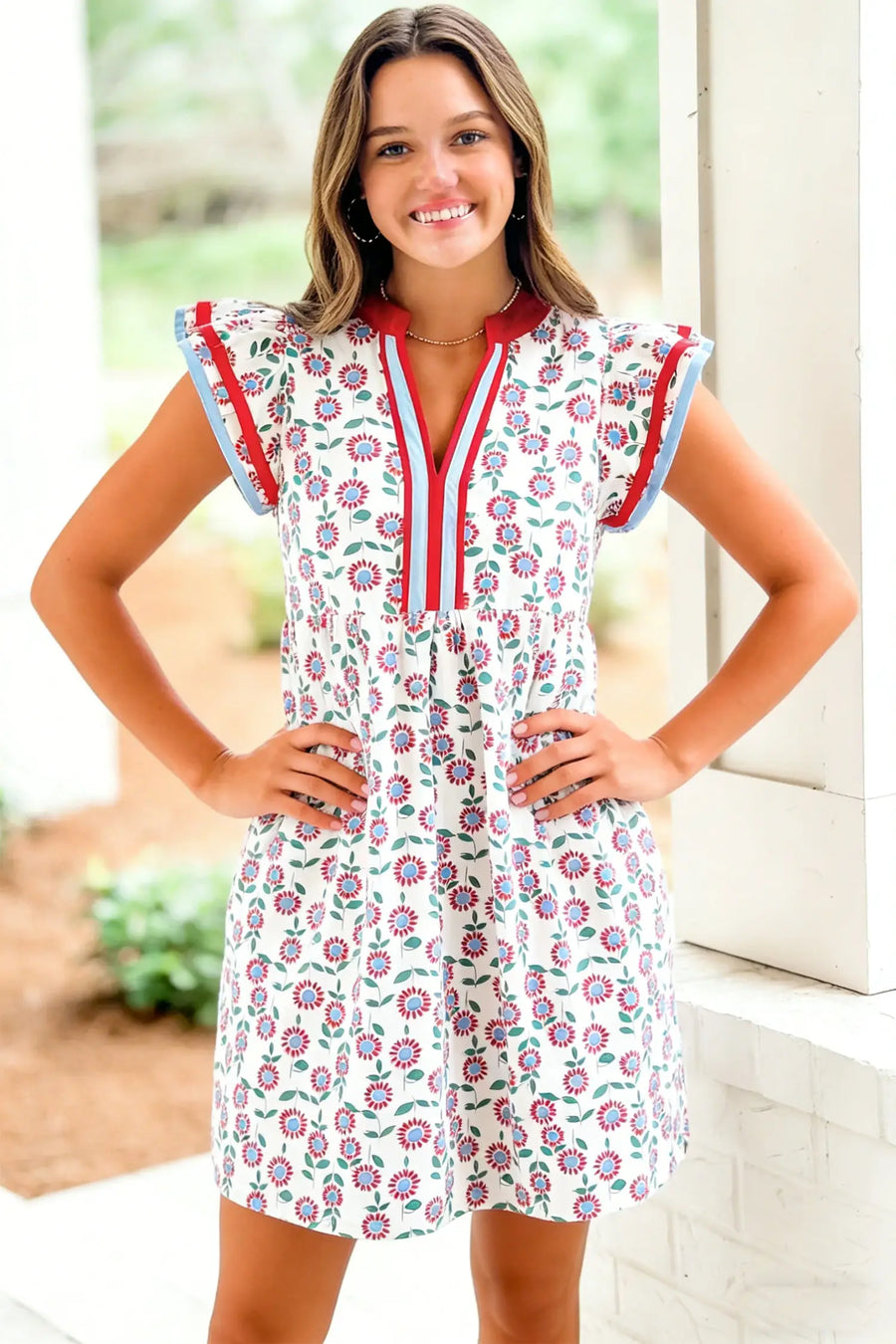 Sky Blue Floral Contrast Trim Flutter Sleeve Mini Dress Women UK