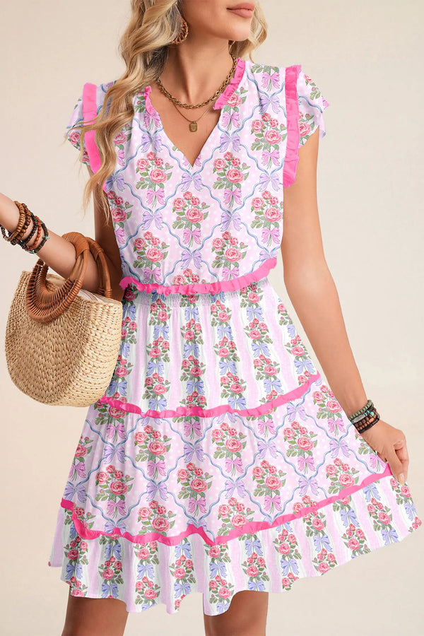 Purple Tiered Ruffles Sleeveless Summer Floral Dress Women UK
