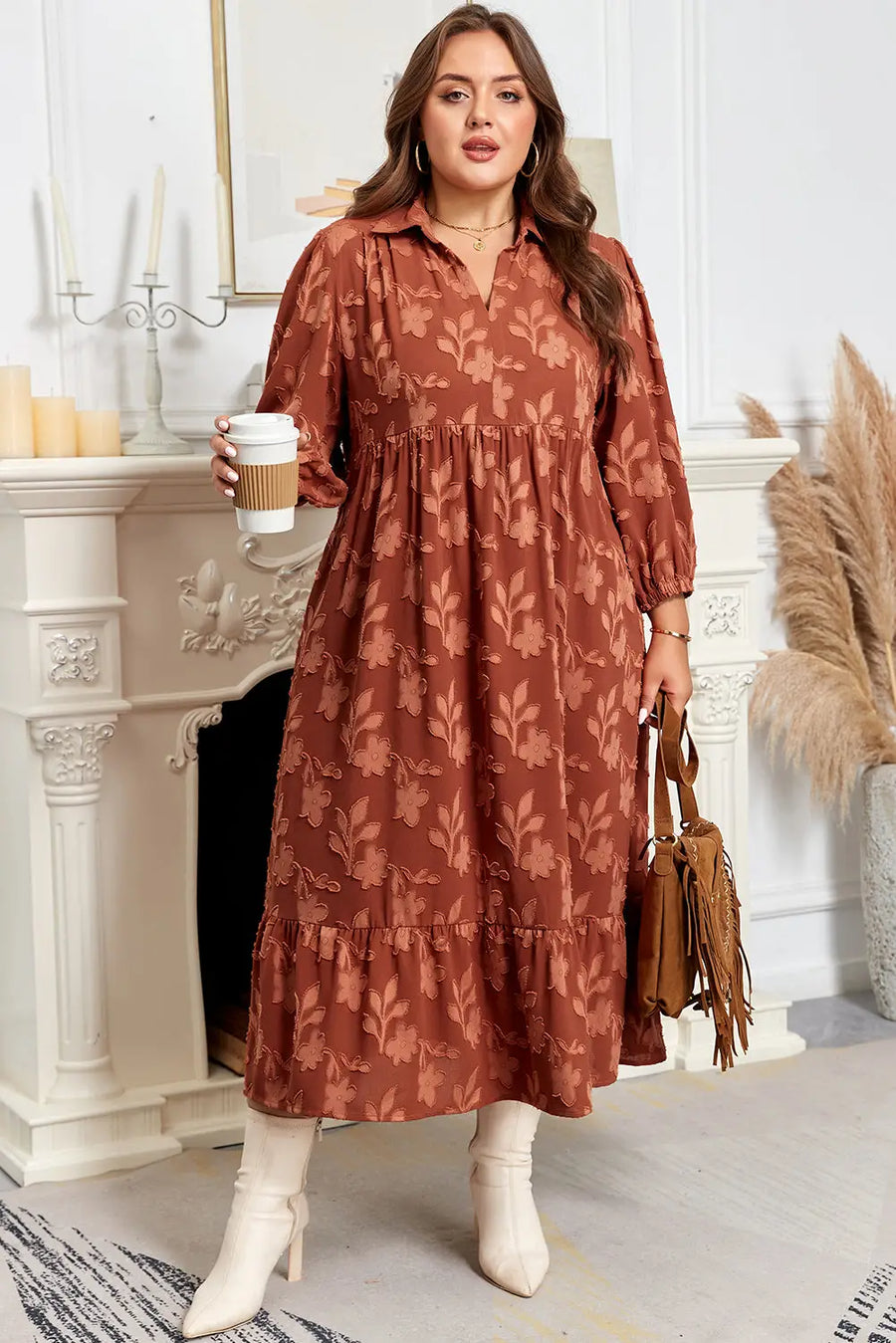 Cinnamon Plus Size 3D Flower Ruffle Hem 3/4 Sleeve Long Dress Women UK