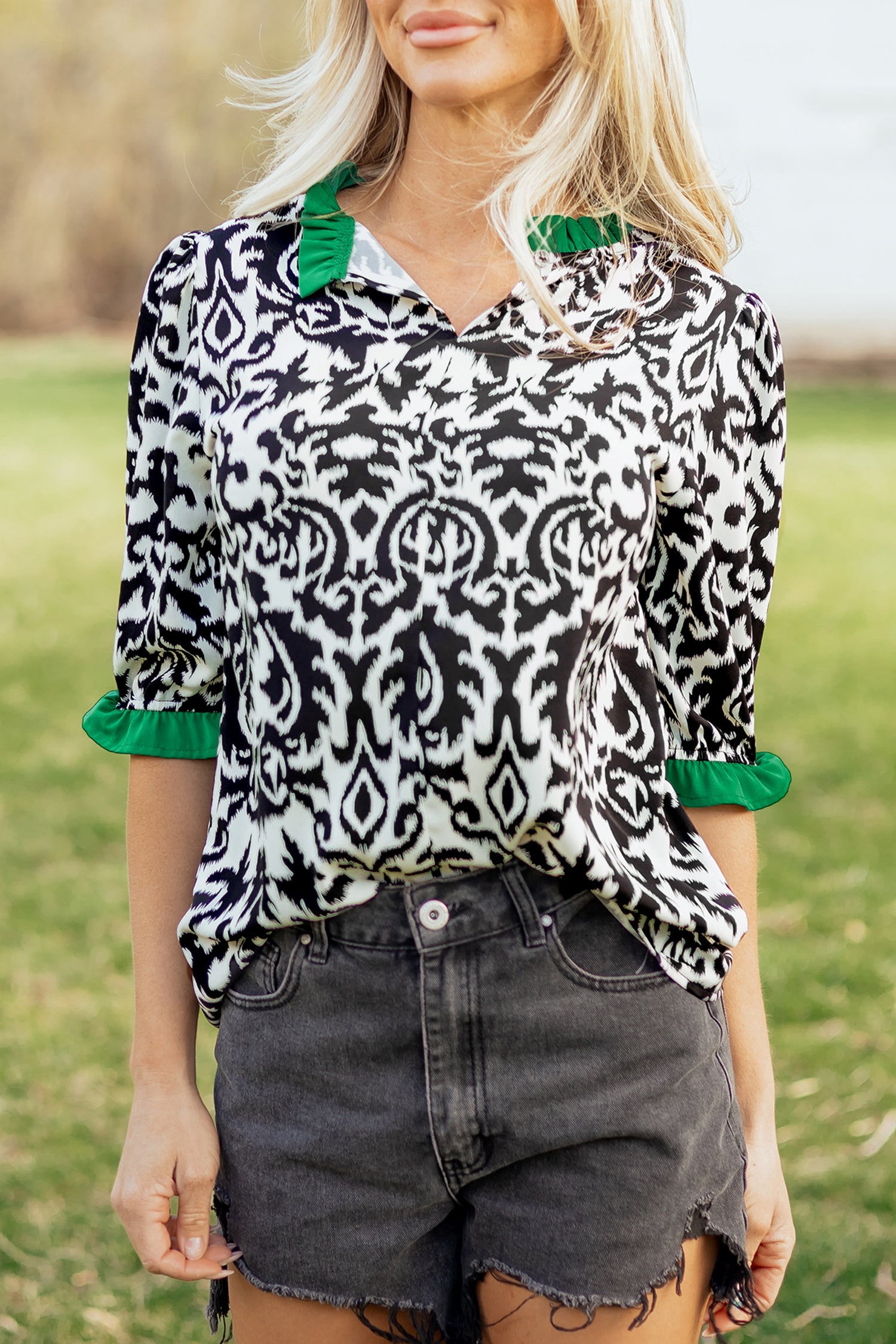 Damask Print Ruffled Colourblock Puff Sleeve Blouse Round Neck Shift