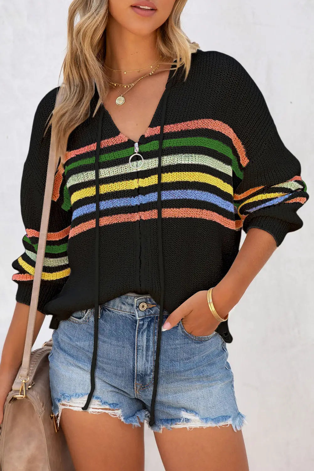 Striped zip up hooded sweater sweaters