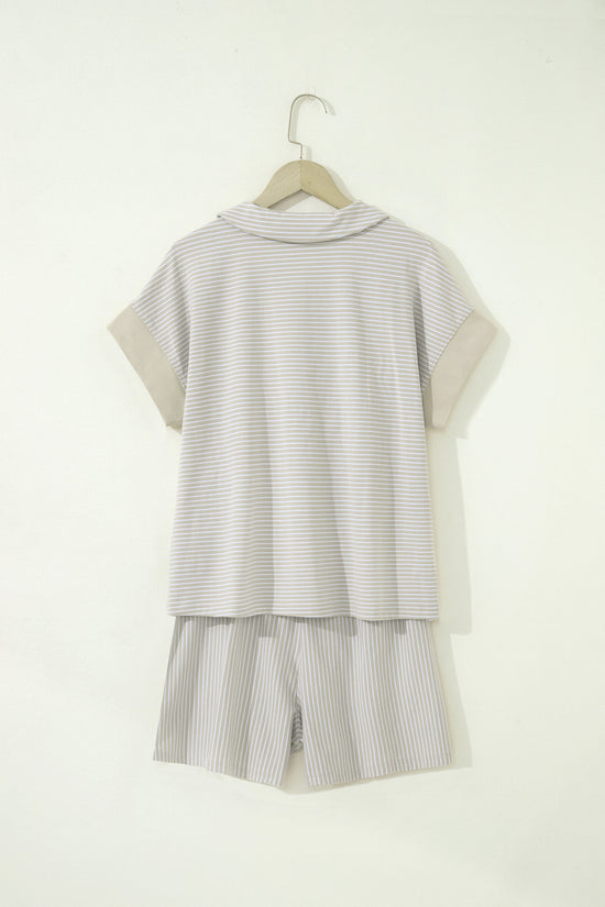 Striped Dolman Sleeve Polo Shirt and Drawstring Shorts Two Piece Set