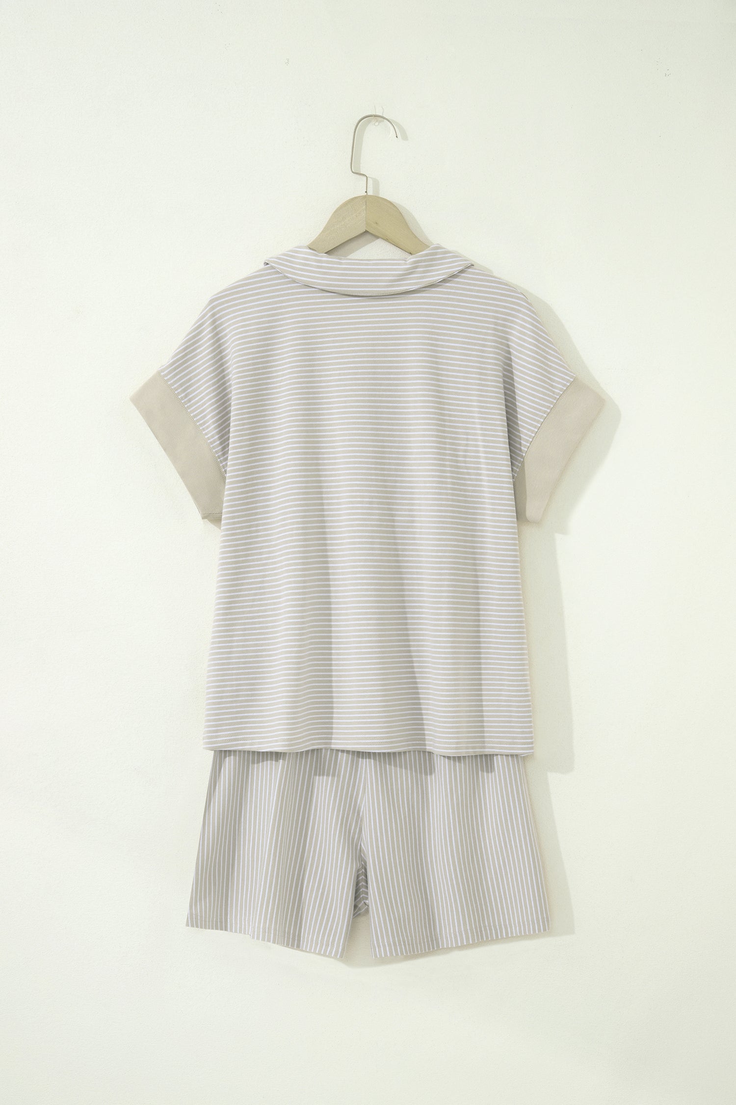 Striped Dolman Sleeve Polo Shirt and Drawstring Shorts Two Piece Set